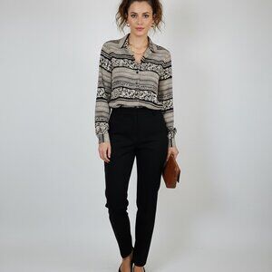 Chaus Button‎ Down Shirt Womens 10 Black Cream Excellent Baroque Geometric Print